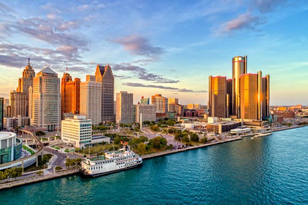 detroit aerial panorama during sunset